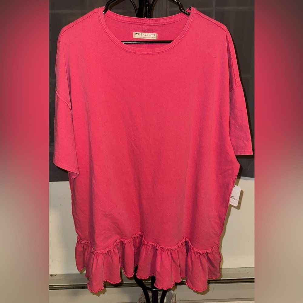 (NWT) Free People We The Free Ruffle Hem Tee Top Pink Beet Root Red